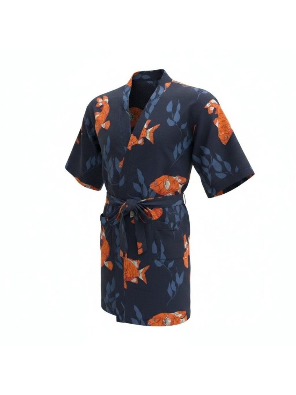 California Cowboy El Garibaldi Koi Fish Kimono Robe Large/XL Belted Navy Orange